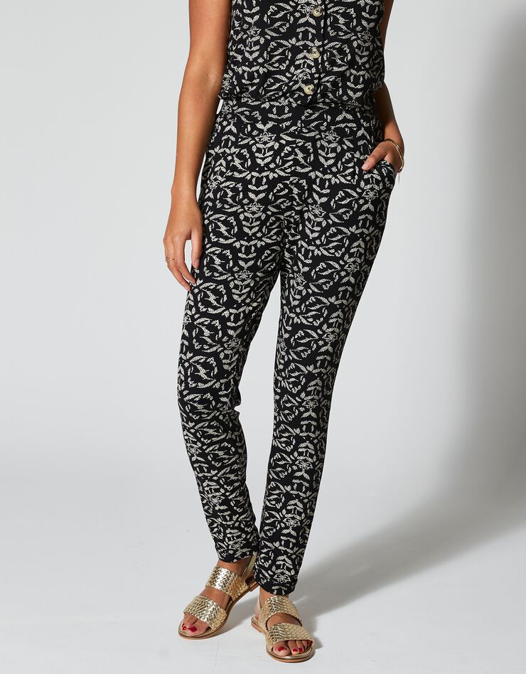 Pantalon fuselé taille élastiquée maille fluide imprimée (noir / écru)