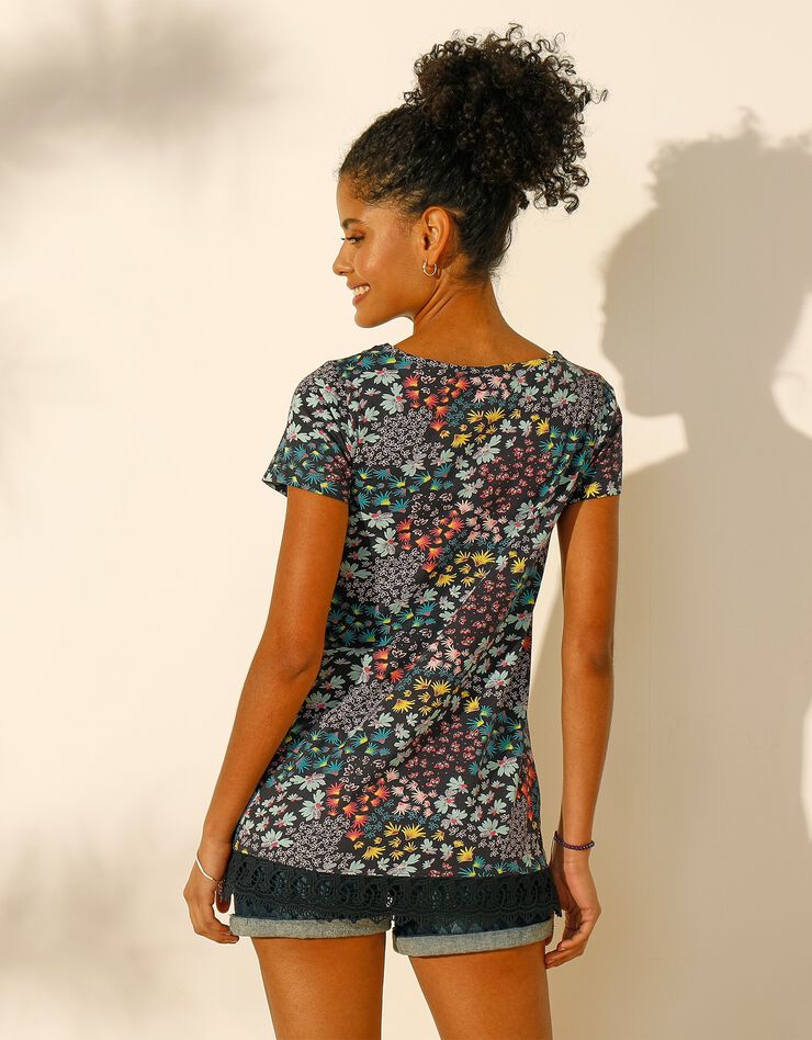 Tee-shirt macramé imprimé fleuri (marine / turquoise) Tee-shirt macramé imprimé fleuri (marine / turquoise)