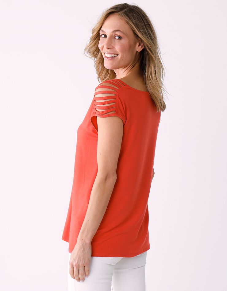 Tee-shirt "boîte" laçage épaules maille unie (corail)