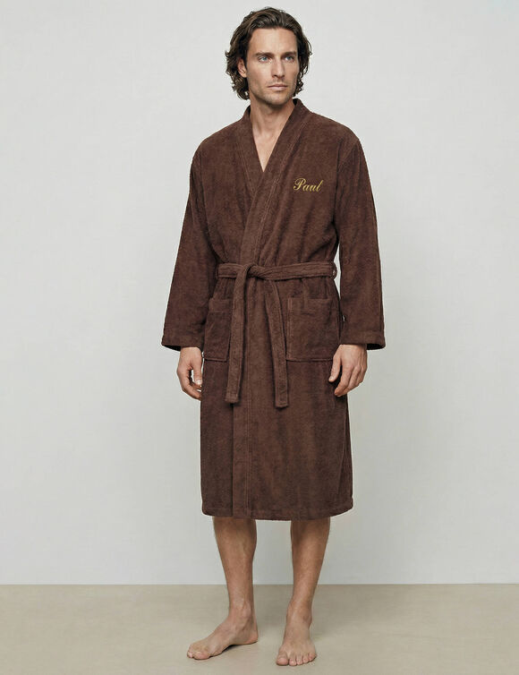 Peignoir mixte adulte uni col kimono personnalis&eacute; - &eacute;ponge bouclette 380 g/m&sup2; (chocolat)