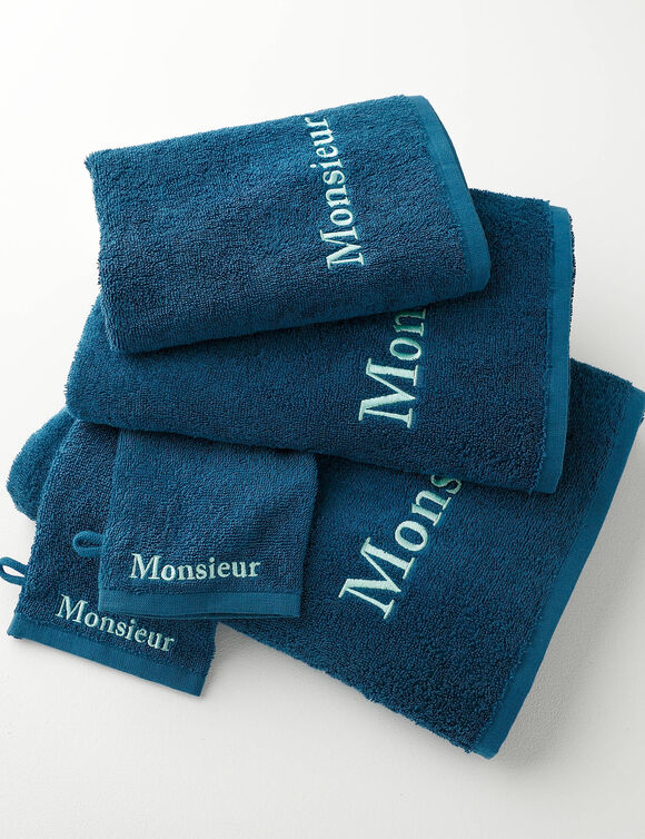 Collection serviettes de bain 420 g/m&sup2; brod&eacute;es "MONSIEUR" (bleu paon)