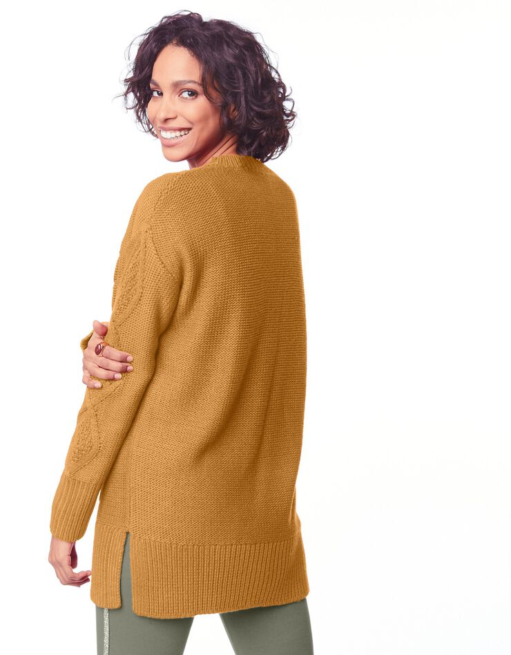 Pull tunique torsadé manches longues toucher cachemire (miel) Pull tunique torsadé manches longues toucher cachemire (miel)
