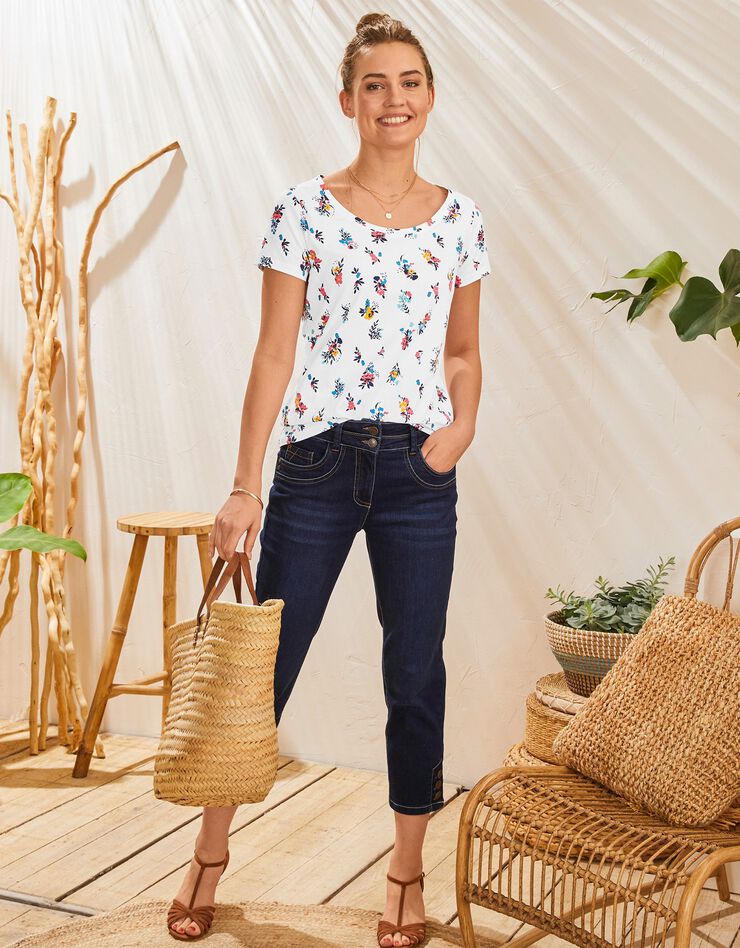 Tee-shirt col rond imprimé fleuri coton bio (blanc) Tee-shirt col rond imprimé fleuri coton bio (blanc)