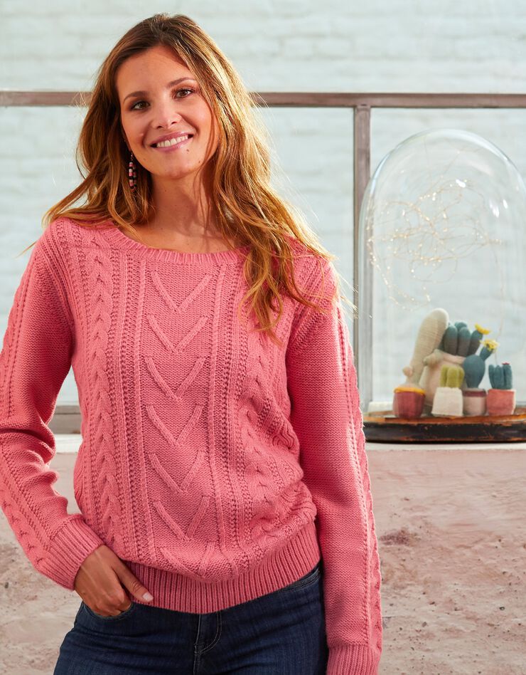 Pull femme col rond torsadé toucher cachemire, manches longues (rose) Pull femme col rond torsadé toucher cachemire, manches longues (rose)