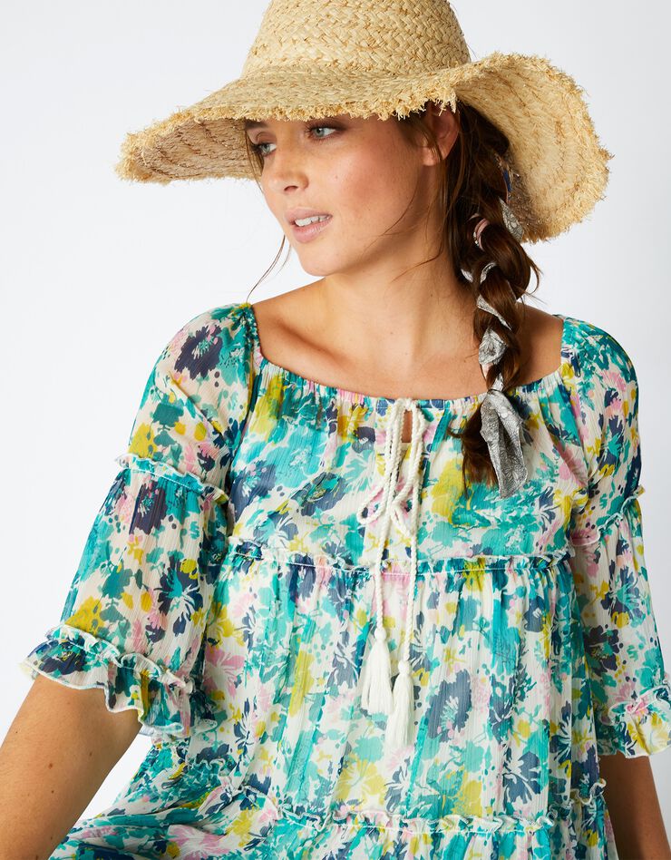 Blouse volantée imprimée, voile (écru / vert) Blouse volantée imprimée, voile (écru / vert)