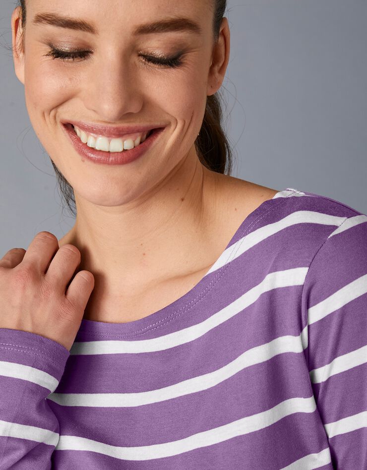 Tee-shirt marinière manches longues en coton bio, éco-responsable (violet / blanc) Tee-shirt marinière manches longues en coton bio, éco-responsable (violet / blanc)