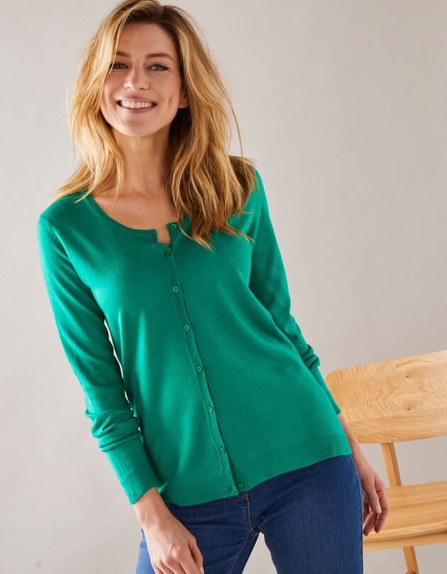 Cardigan boutonné col rond uni toucher cachemire (vert pomme)