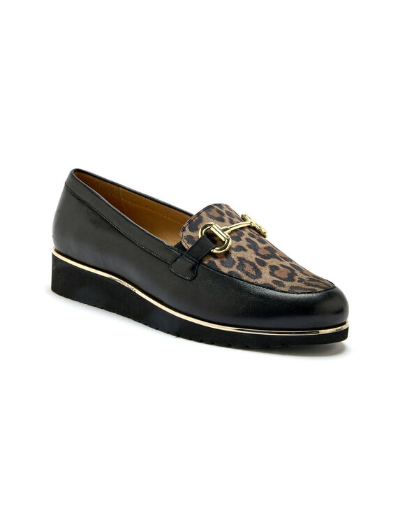 Mocassins compens&eacute;s &agrave; mors en cuir et motif l&eacute;opard (noir / beige)