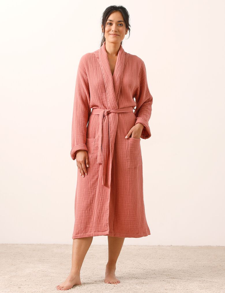 Peignoir uni en triple gaze de coton , bois de rose | Blancheporte