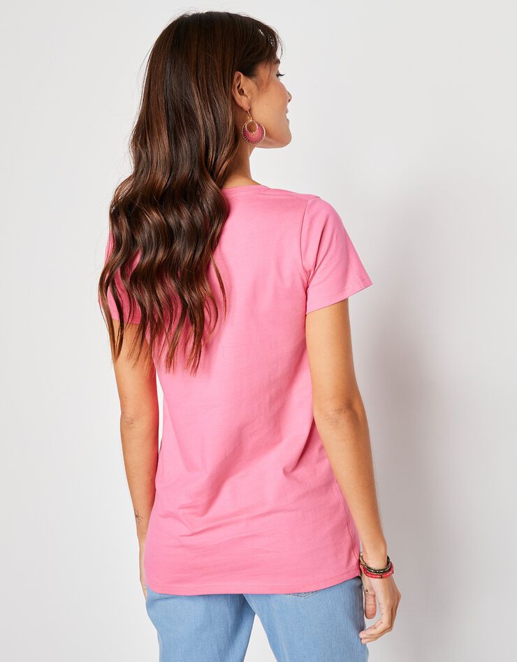 Tee-shirt col V uni manches courtes coton (rose) Tee-shirt col V uni manches courtes coton (rose)