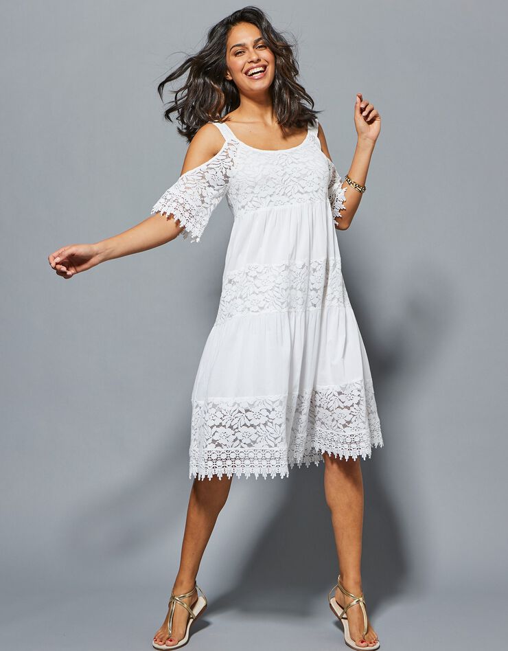 Robe dentelle macramé épaules dénudées (blanc)