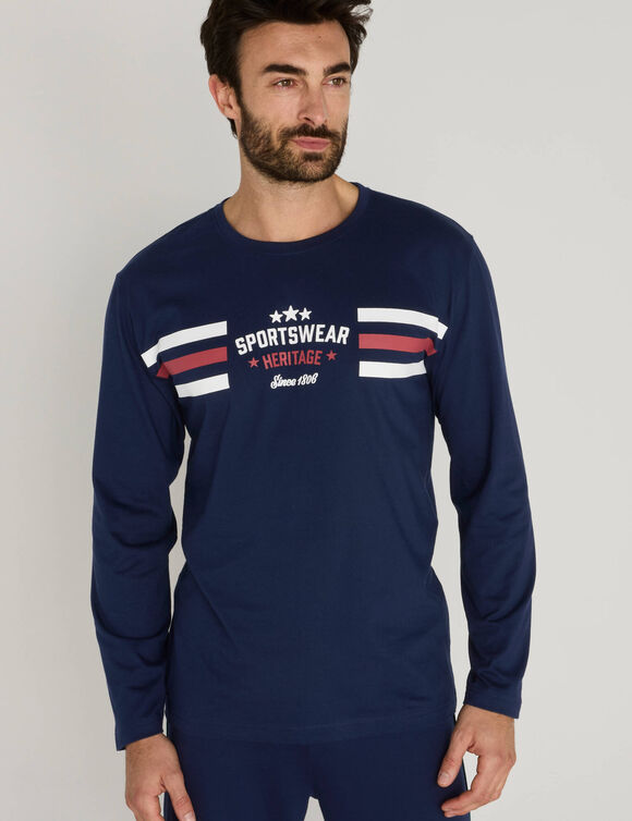 T-shirt pyjama motif et rayures manches longues (marine)