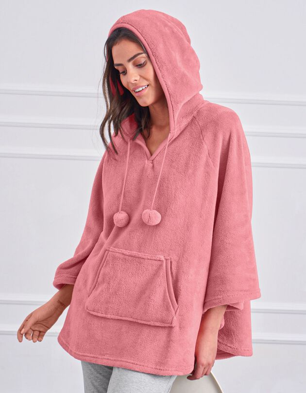 Poncho polaire toucher peluche à capuche  (rose poudré)