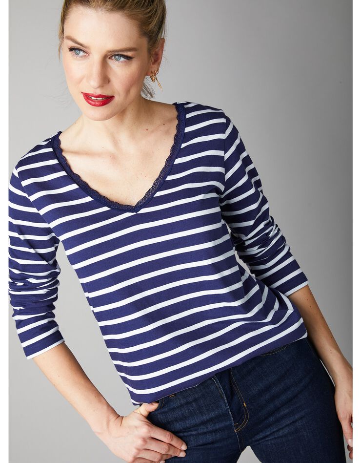 Tee-shirt marinière col dentelle (marine / blanc) Tee-shirt marinière col dentelle (marine / blanc)