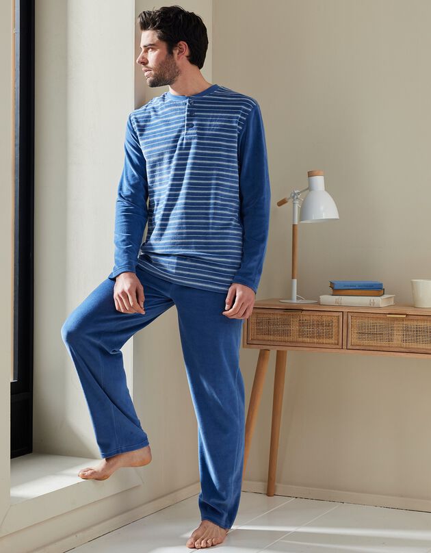Pyjama rayé velours manches longues (bleu)