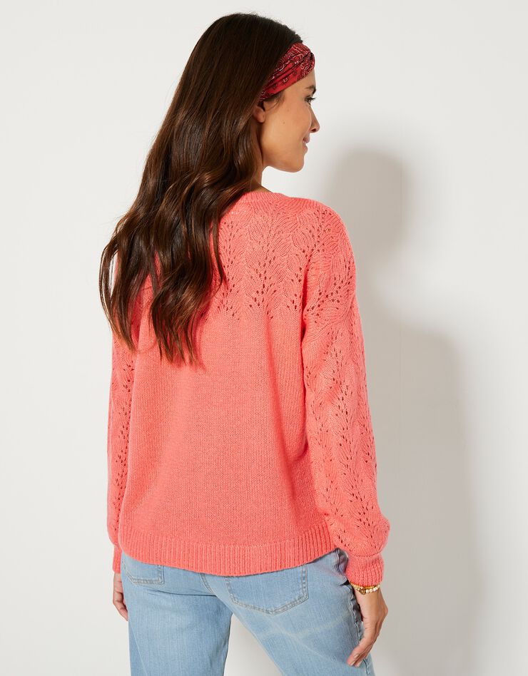 Pull manches longues blousantes, maille ajourée toucher mohair (corail) Pull manches longues blousantes, maille ajourée toucher mohair (corail)