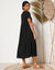 Robe col V longue unie, crépon (noir)