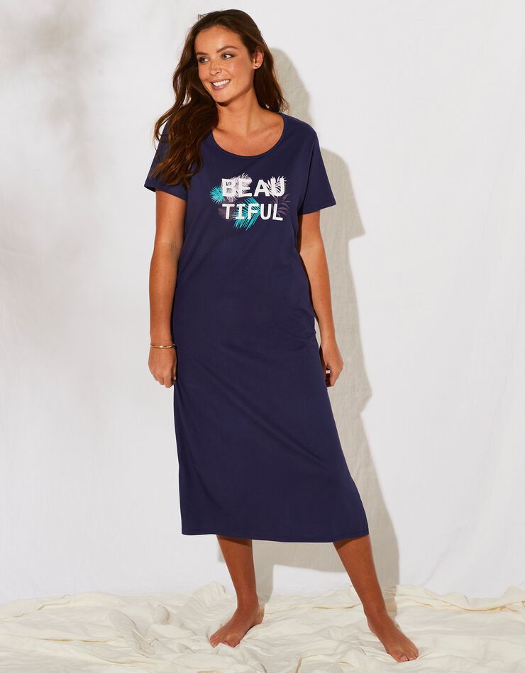 Chemise de nuit longue manches courtes imprimé tropical (marine) Chemise de nuit longue manches courtes imprimé tropical (marine)