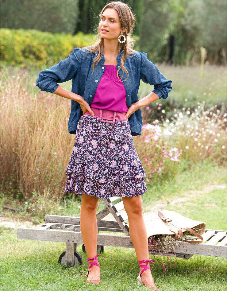 Jupe volantée imprimée coupe évasée (indigo / fuchsia) Jupe volantée imprimée coupe évasée (indigo / fuchsia)