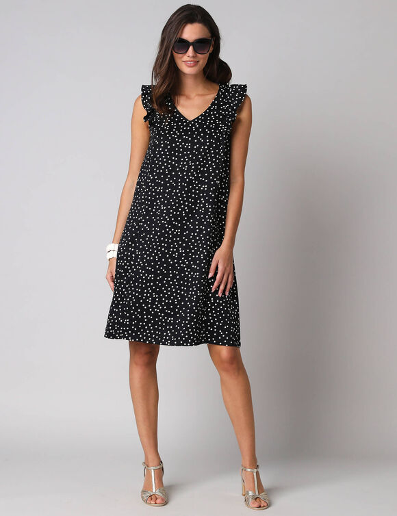 Robe courte col V imprim&eacute; pois, &agrave; mancherons volant&eacute;s (noir / &eacute;cru)