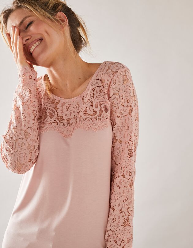 T-shirt col rond manches longues, dentelle jersey (rose pâle)