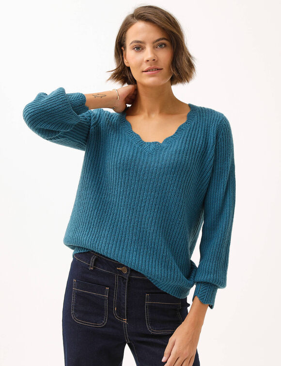 Pull col V, maille anglaise (bleu p&eacute;trole)
