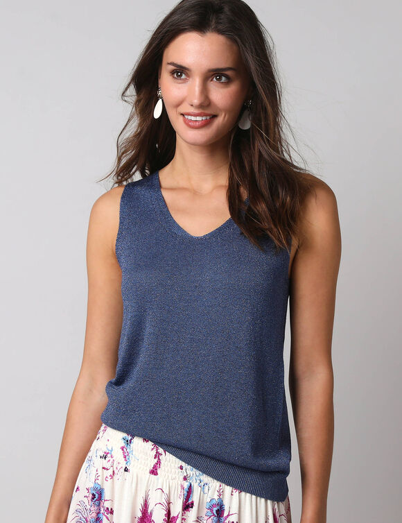 D&eacute;bardeur col V fine maille et fil brillant (bleu jean)