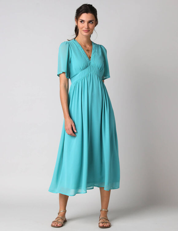 Robe longue volant&eacute;e unie, &agrave; manches courtes papillon (vert)
