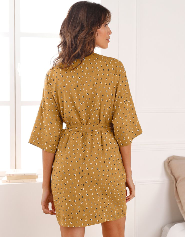 Peignoir fluide forme kimono imprimé géométrique (curry) Peignoir fluide forme kimono imprimé géométrique (curry)