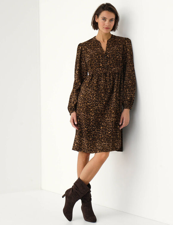 Robe forme housse &agrave; plastron imprim&eacute; l&eacute;opard, manches longues (taupe / noir)