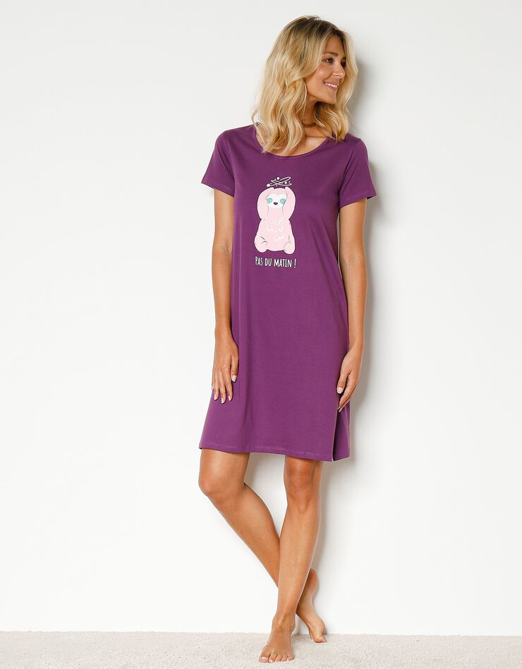 Chemise de nuit courte motif " Pas du matin !" manches courtes (violet) Chemise de nuit courte motif " Pas du matin !" manches courtes (violet)