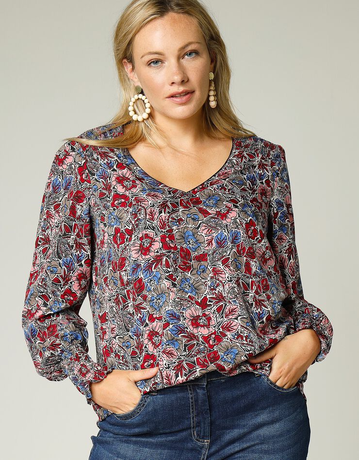 Blouse imprimée romantique col V (noir / rose) Blouse imprimée romantique col V (noir / rose)