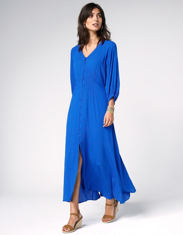 Robe longue boutonnée unie crépon (bleu)