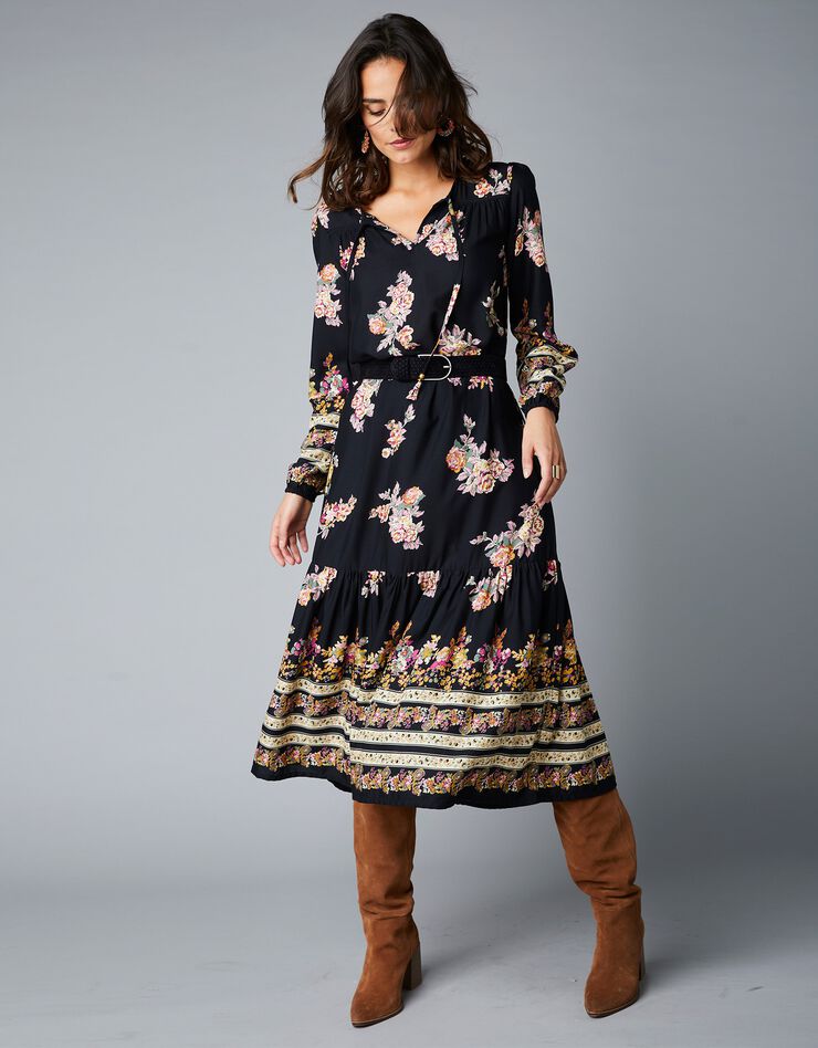 Robe longue volantée imprimé fleuri (noir / bordeaux) Robe longue volantée imprimé fleuri (noir / bordeaux)
