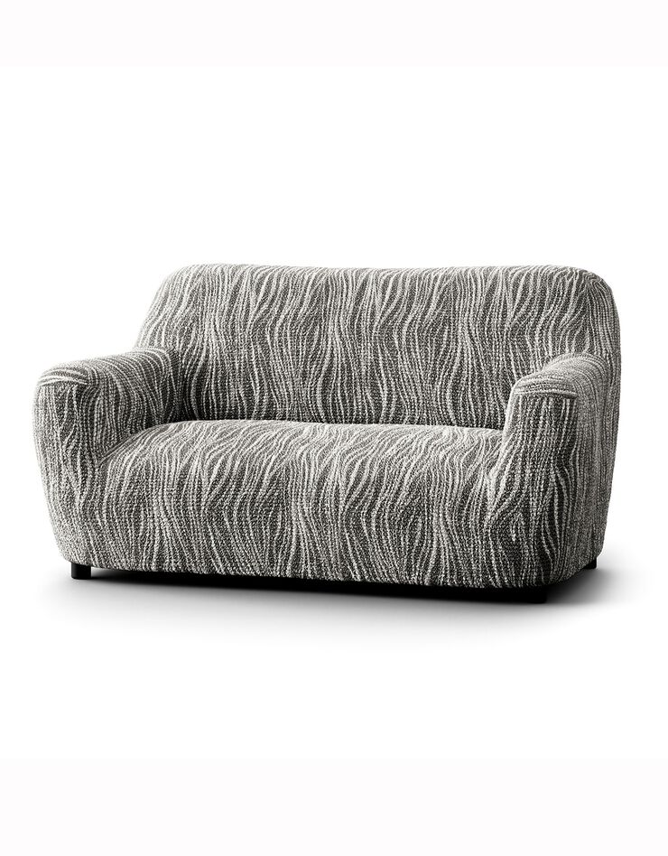 Housse bi-extensible microfibre imprimé vagues pour fauteuil et canapé (gris)