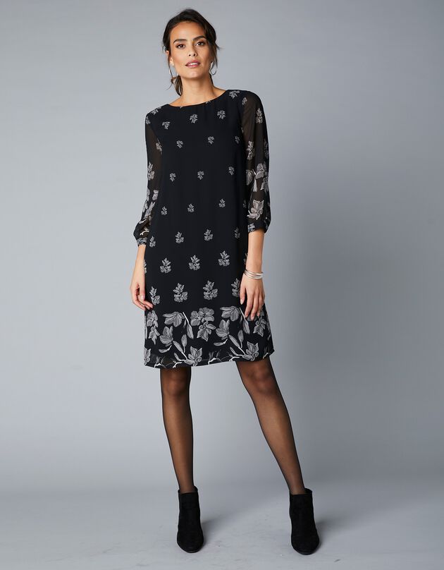 Robe en voile imprimé, manches 3/4 (noir / gris)