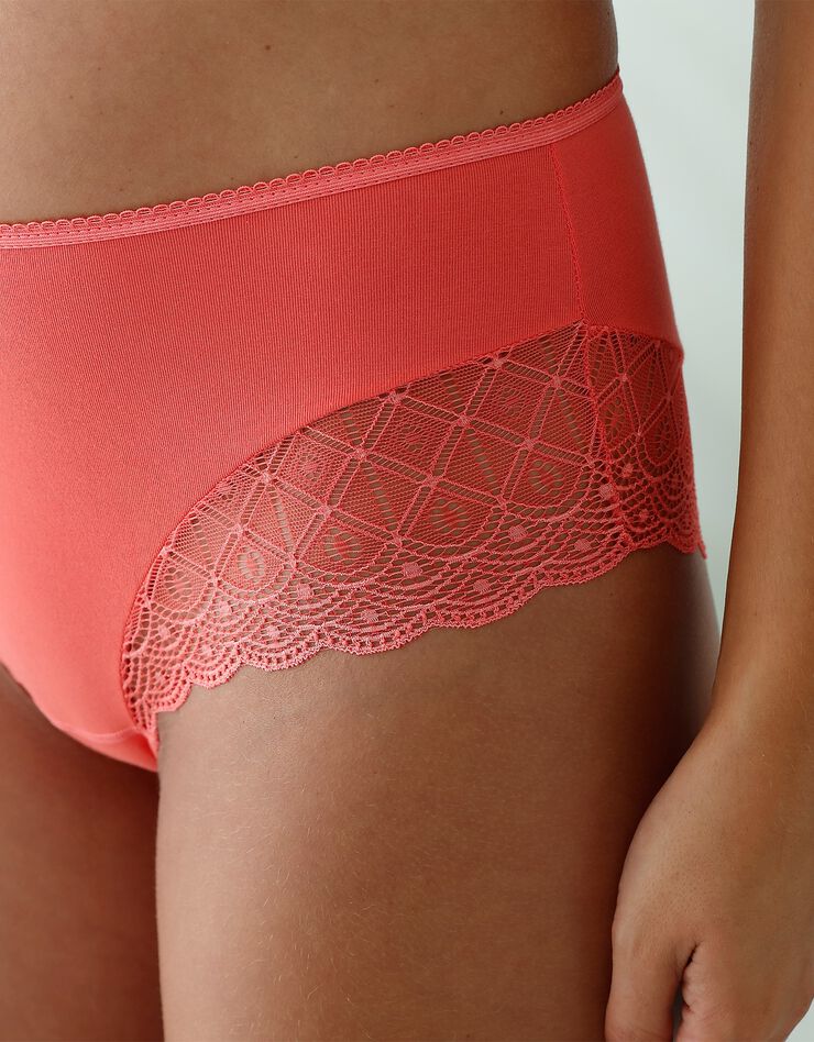 Culotte forme maxi coton stretch imprimé et dentelle - lot de 3 (noisette + corail + noir) Culotte forme maxi coton stretch imprimé et dentelle - lot de 3 (noisette + corail + noir)