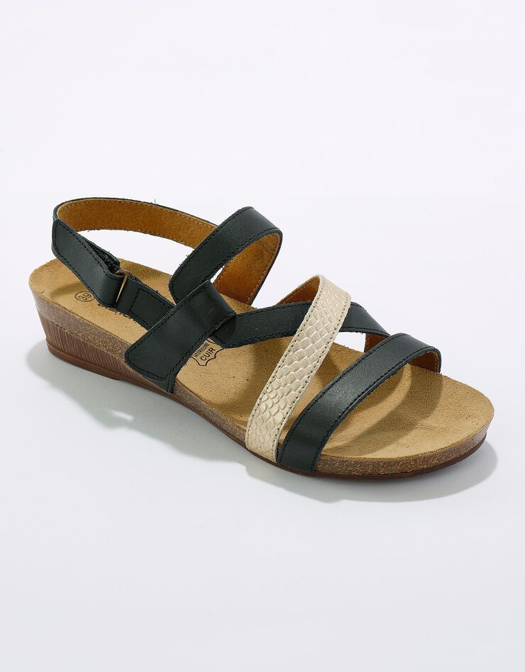 Sandales cuir scratchées compensées effet bois à semelle liège (noir)