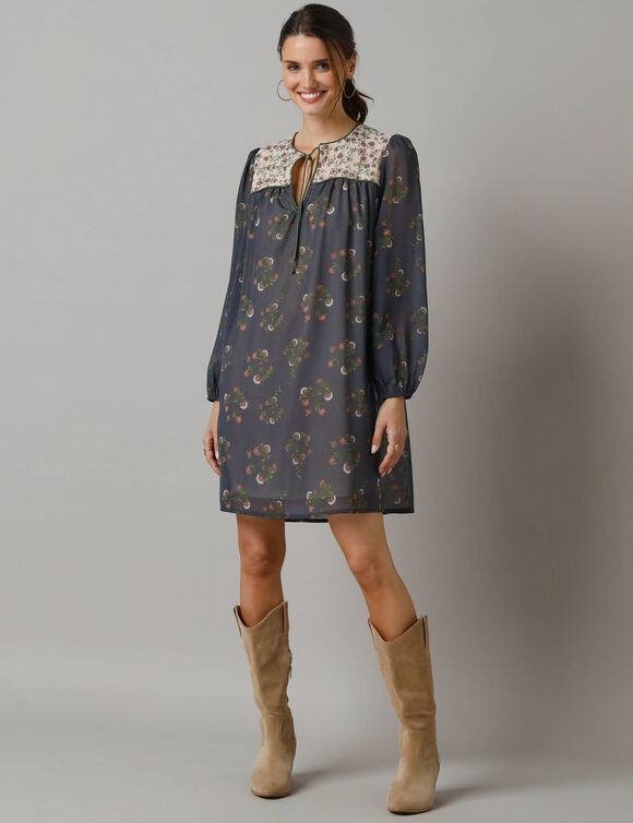 Robe courte imprimée, manches blousantes (gris / beige)