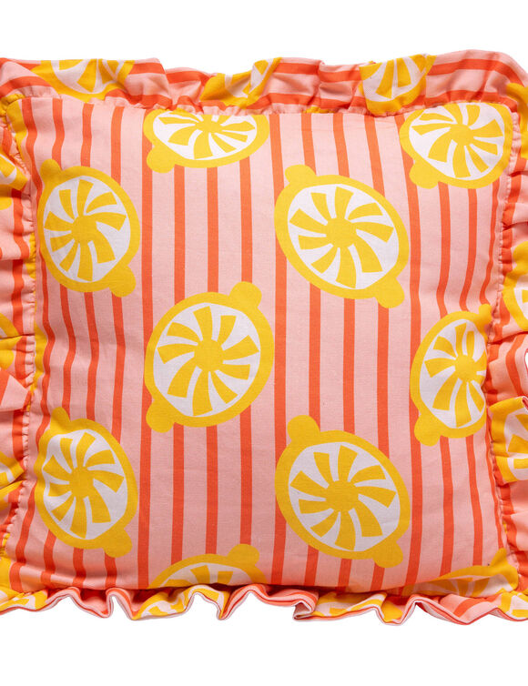 Coussin imprim&eacute; ray&eacute; et citrons (jaune / corail)