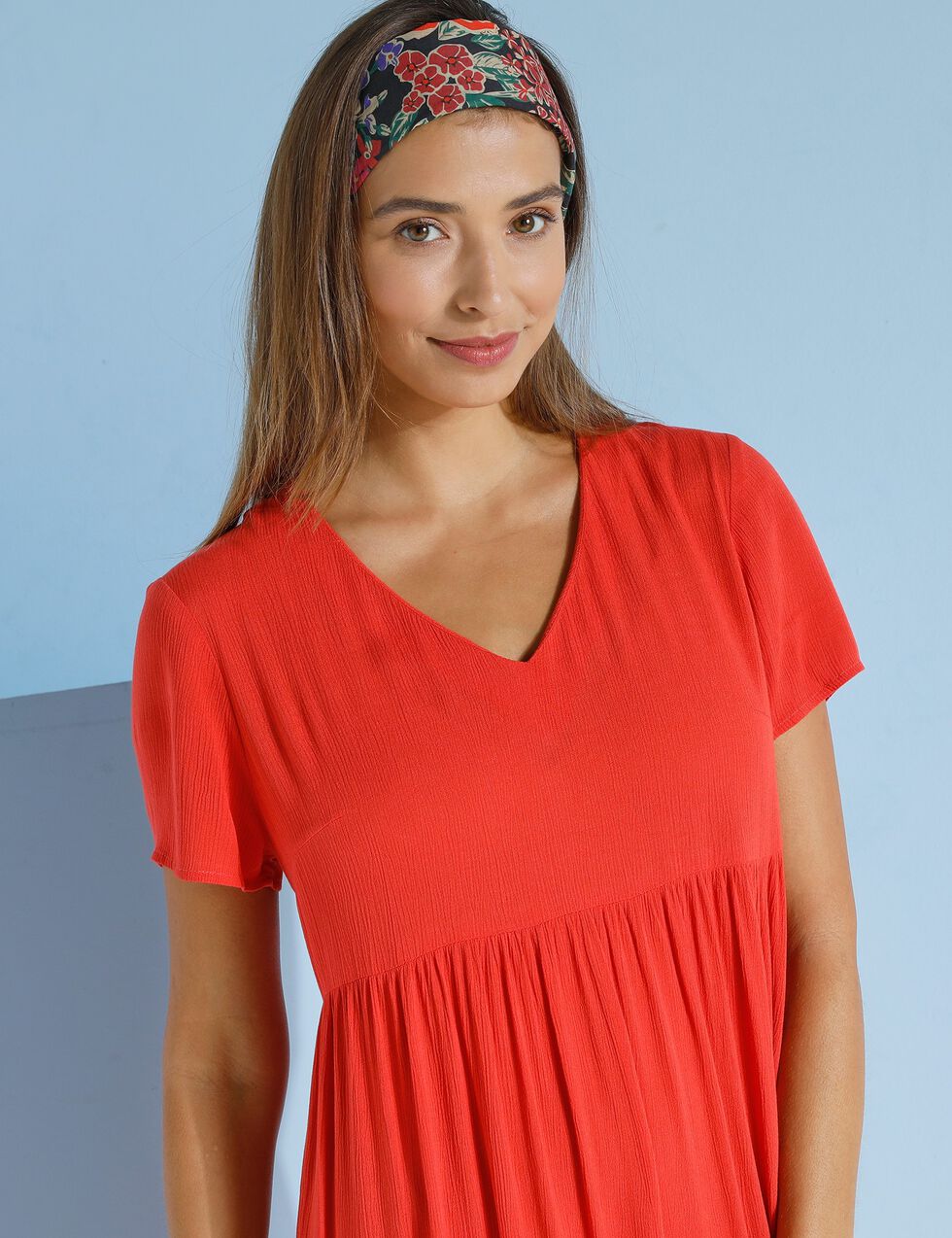 Robe col V longue unie, cr?�pon, corail | Blancheporte