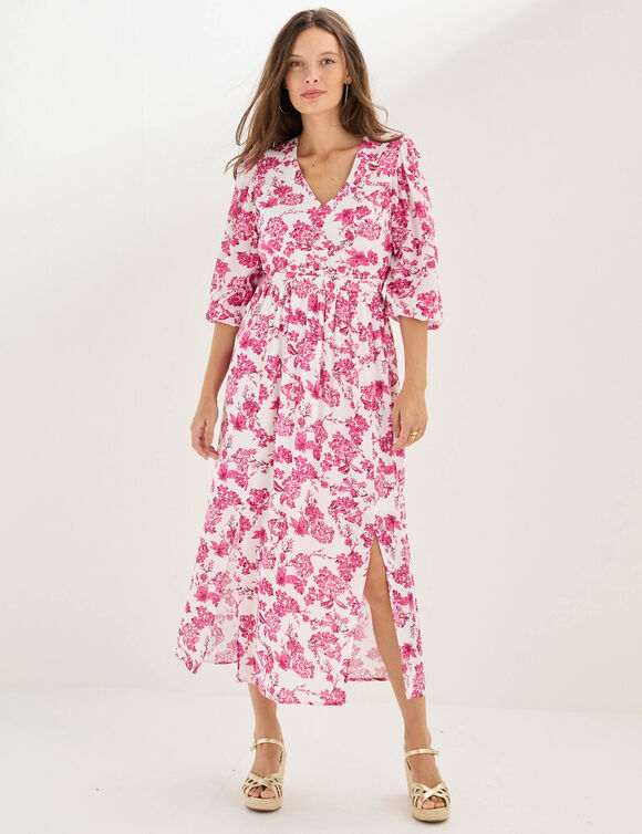 Robe longue imprim&eacute;e, dos fantaisie (blanc / fuchsia)