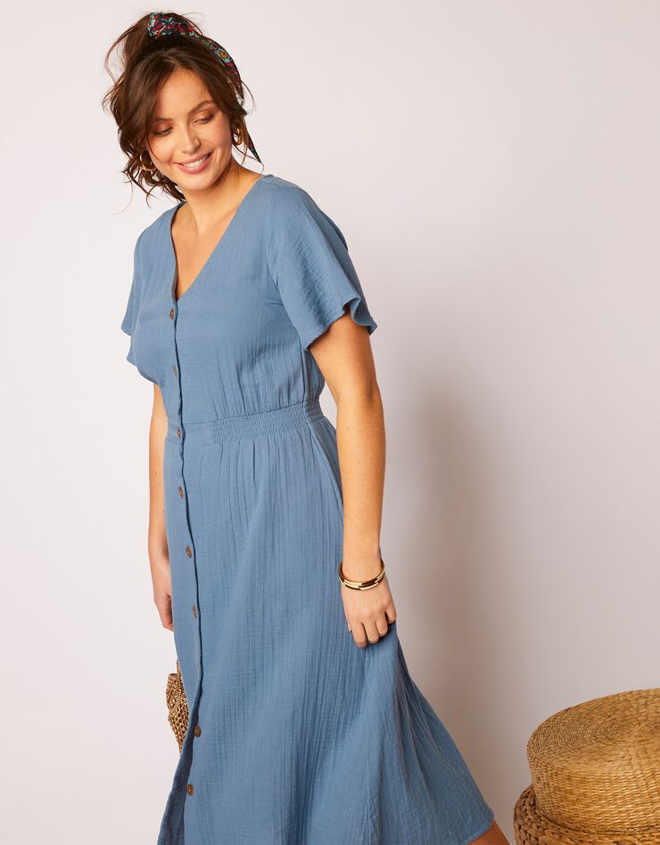 Robe longue boutonnée en gaze de coton (bleu grisé) Robe longue boutonnée en gaze de coton (bleu grisé)