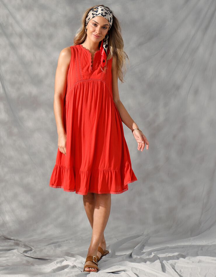 Robe sans manches unie découpes en macramé (orange)
