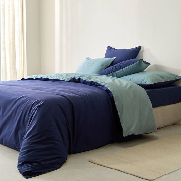Linge de lit uni bicolore coton (marine / céladon)