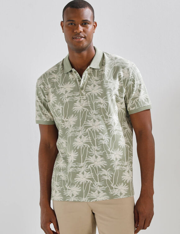 Polo imprim&eacute; palmiers maille piqu&eacute;e manches courtes (vert / &eacute;cru)
