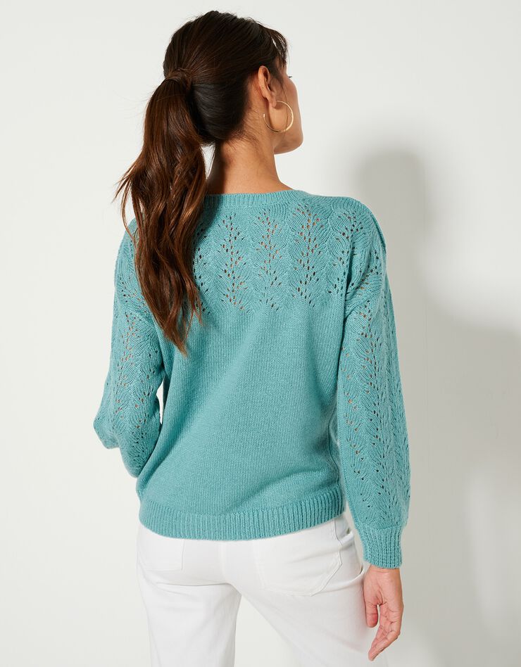 Pull manches longues blousantes, maille ajourée toucher mohair (vert grisé) Pull manches longues blousantes, maille ajourée toucher mohair (vert grisé)