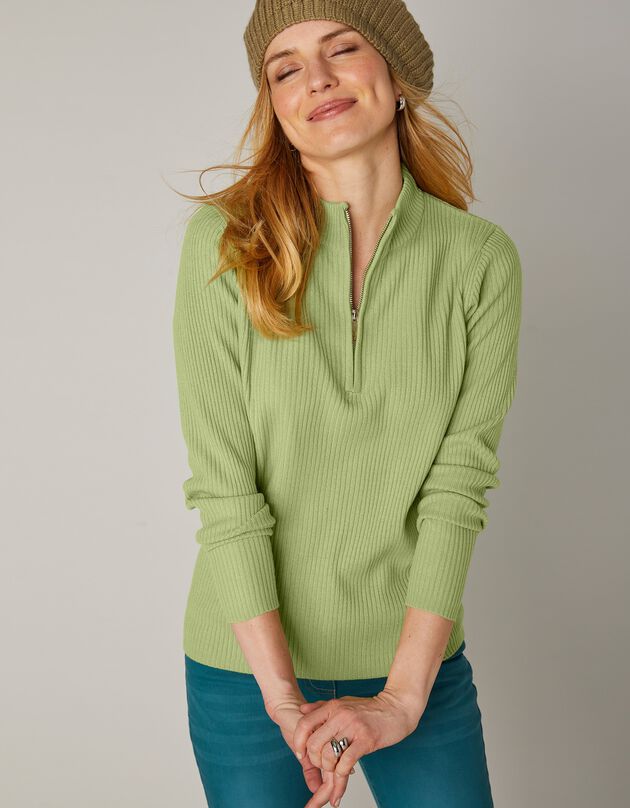 Pull col montant zippé maille côtelée (vert amande) Pull col montant zippé maille côtelée (vert amande)