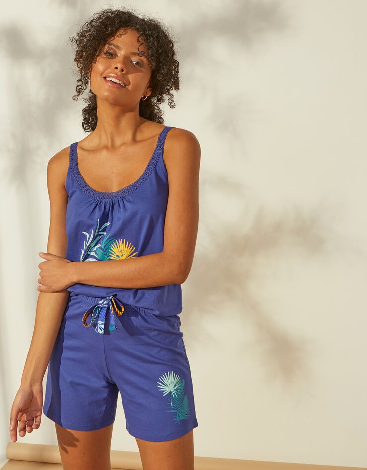 Short de pyjama en coton - uni tropical (bleu)