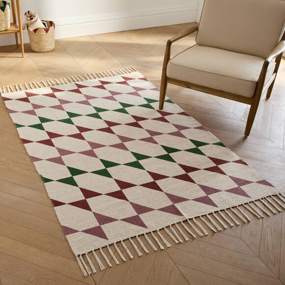 Tapis textur&eacute; imprim&eacute; g&eacute;om&eacute;trique (naturel / vert)